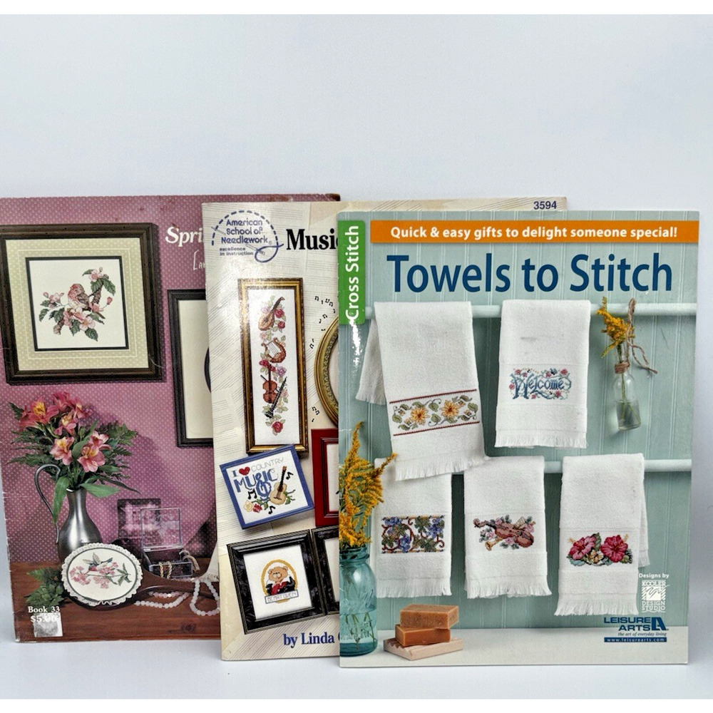 Lot of 3 Cross Stitch Pattern Books Spring Birds Floral Towels Music Music READ